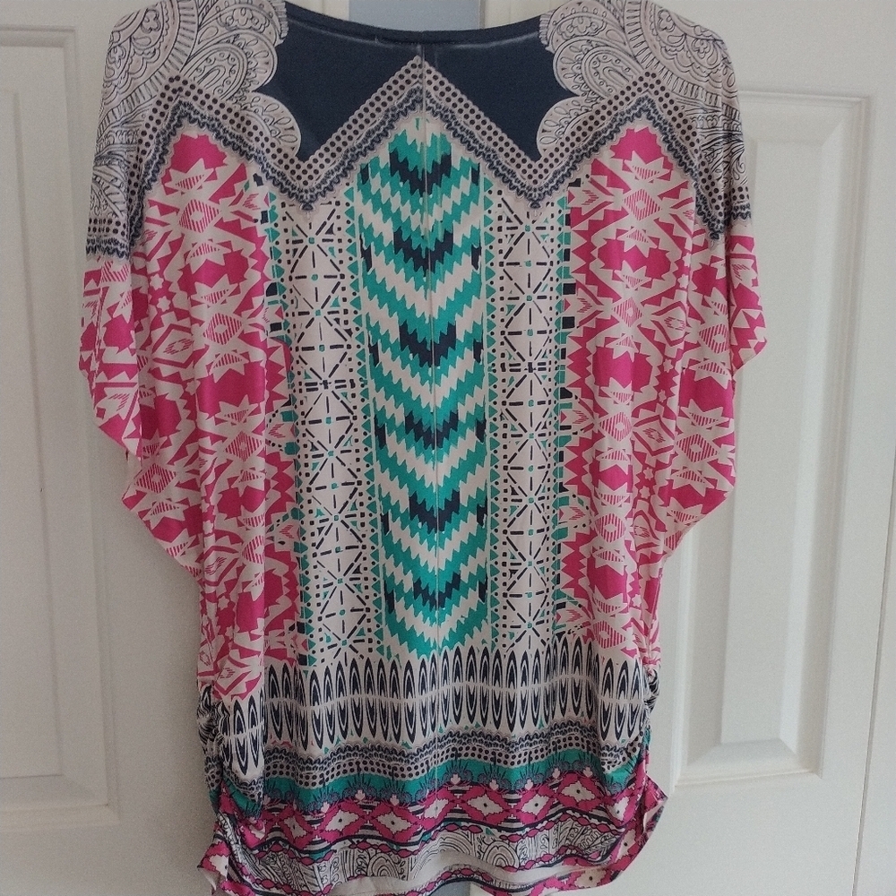 Style & Co Multi Colored V Neck Slit Sleeve Top L - Picture 5 of 10